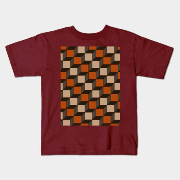 Chocolate Brown, Tan and Rust Orange, Cube, Geometric Kids T-Shirt by OneThreeSix